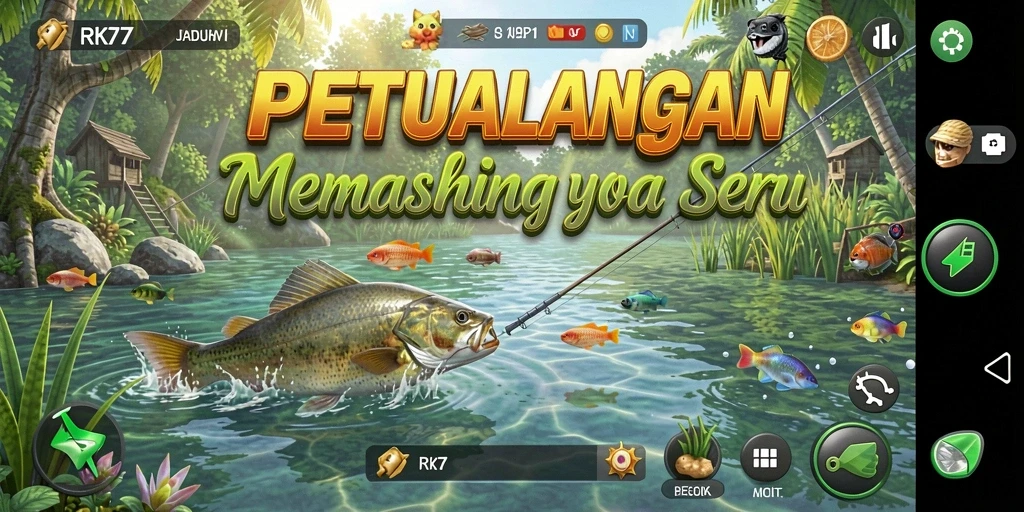 Tampilan gameplay RK77 yang mendebarkan saat memancing di lokasi yang indah.