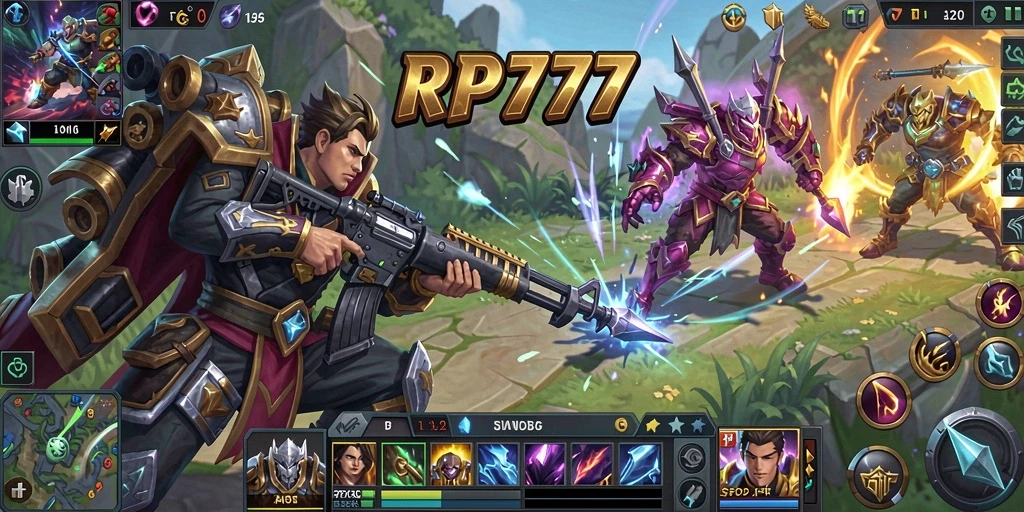 Tampilan gameplay seru dalam pertarungan MOBA RP777.
