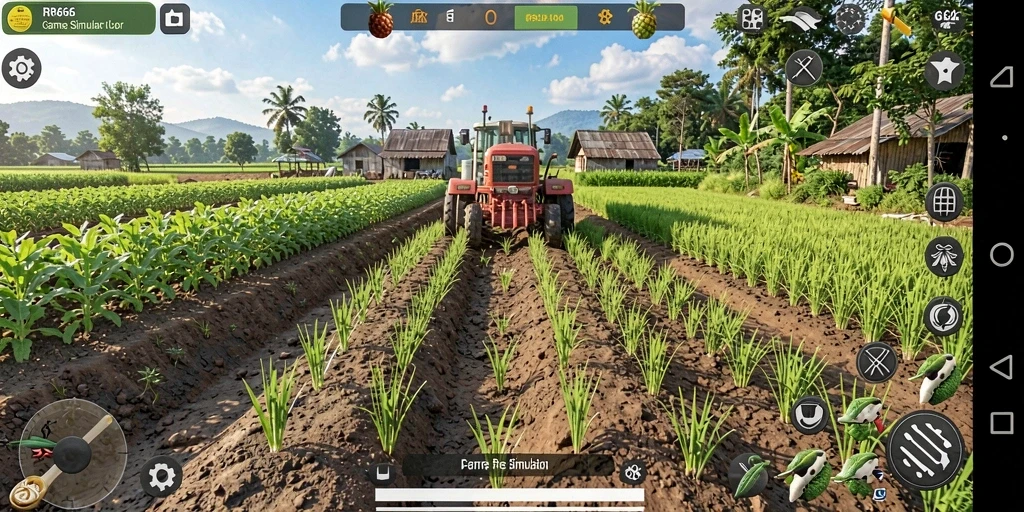 Tampilan gameplay RR666 yang menawan di ladang pertanian.