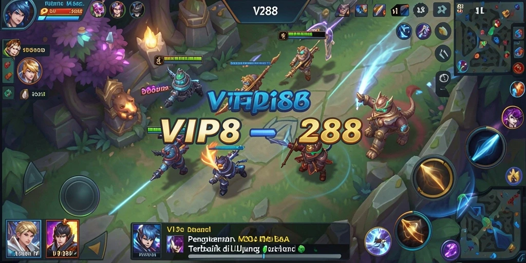 Screenshot gameplay menunjukkan karakter bertarung di arena MOBA yang dinamis.